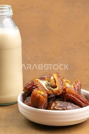 Milk Dates (Susu Kurma) made from milk and dates or palm fruits. Place for text. Copy space