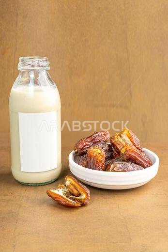 Milk Dates (Susu Kurma) made from milk and dates or palm fruits. Place for text. Copy space