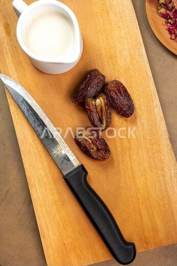 Milk Dates (Susu Kurma) made from milk and dates or palm fruits. Place for text. Copy space