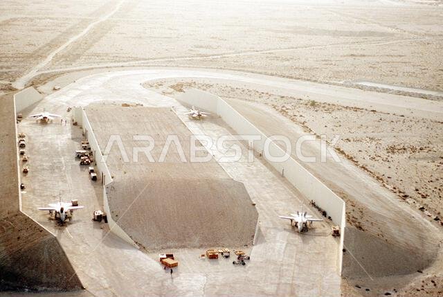 Four GR1 Tornado aircraft sit parked in a revetment at an air base during Operation Desert Shield. Subject Operation/Series: DESERT SHIELD Country: Saudi Arabia (SAU) Four GR1 Tornado aircraft sit parked in a revetment at an air base during Operation Desert Shield. Subject Operation/Series: DESERT SHIELD Country: Saudi Arabia (SAU)