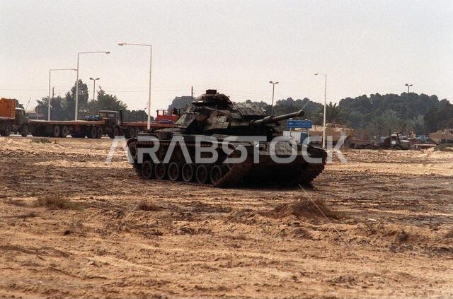 A Marine Corps M-10A1 tank fitted with reactive armor sits in an open lot next to Fleet Hospital 5 during Operation Desert Storm. Subject Operation/Series: DESERT STORM Country: Saudi Arabia (SAU) A Marine Corps M-10A1 tank fitted with reactive armor sits in an open lot next to Fleet Hospital 5 during Operation Desert Storm. Subject Operation/Series: DESERT STORM Country: Saudi Arabia (SAU)