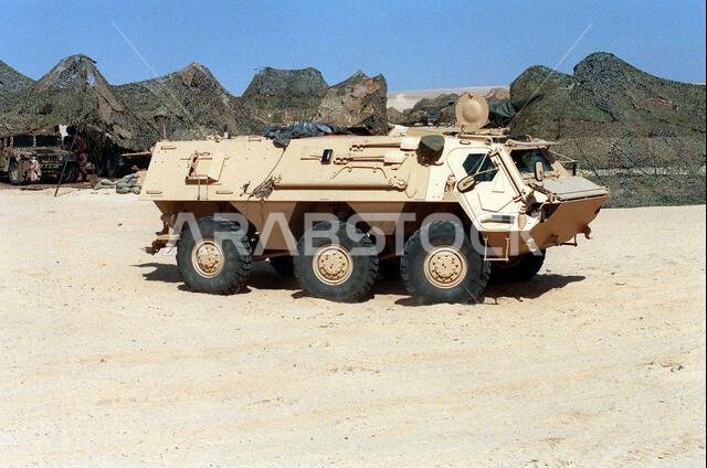 A right side view of an M-93 Fox Nuclear-Biological-Chemical (NBC) reconnaissance system deployed for Operation Desert Storm. The M-93 is a variant of the West German Transportpanzer 1 armored personnel carrier.. Subject Operation/Series: DESERT STORM Country: Saudi Arabia(SAU)