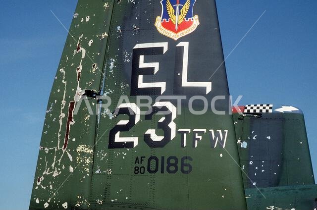 A close-up view of the tail section of a 23rd Tactical Fighter Wing A-10A Thunderbolt II aircraft. The plane sustained damage when an SA-16 missile exploded near it during Operation Desert Storm.. Subject Operation/Series: DESERT STORM Country: Saudi Arabia(SAU)