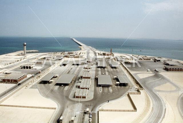A view of the customs island and causeway connecting Bahrain and Saudi Arabia.. Country: Unknown