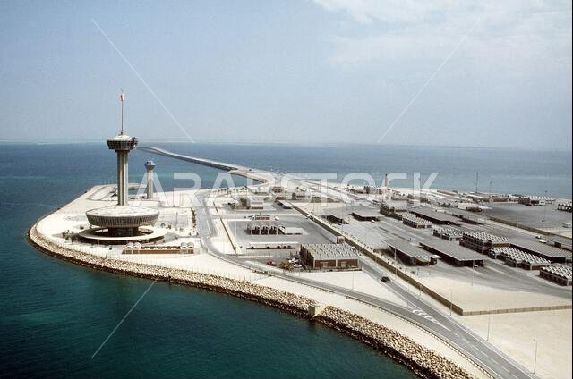 A view of the customs island and causeway connecting Bahrain and Saudi Arabia.. Country: Unknown