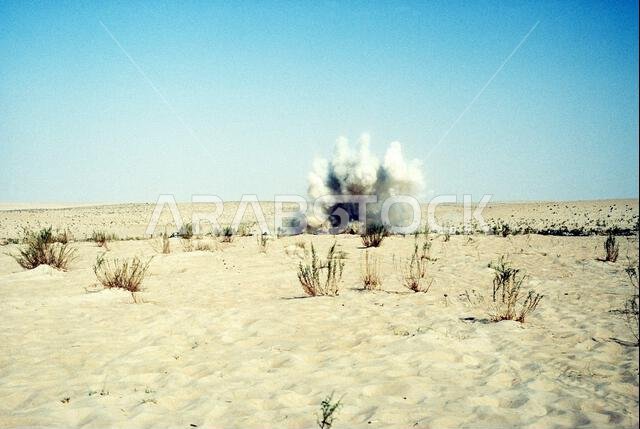An M-47 Dragon missile explodes during a live fire exercise by C Company, 505th Parachute Infantry Regiment, during Operation Desert Shield. Subject Operation/Series: DESERT SHIELD Country: Saudi Arabia(SAU)