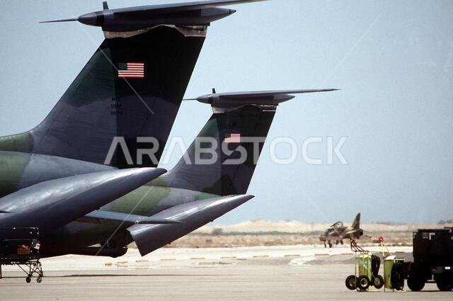 Military Airlift Command C-141B Starlifter aircraft stand on the runway after transporting troops and equipment to Saudi Arabia in support of Operation Desert Shield. Subject Operation/Series: OPERATION DESERT SHIELD Country: Saudi Arabia (SAU) Military Airlift Command C-141B Starlifter aircraft stand on the runway after transporting troops and equipment to Saudi Arabia in support of Operation Desert Shield. Subject Operation/Series: OPERATION DESERT SHIELD Country: Saudi Arabia (SAU)
