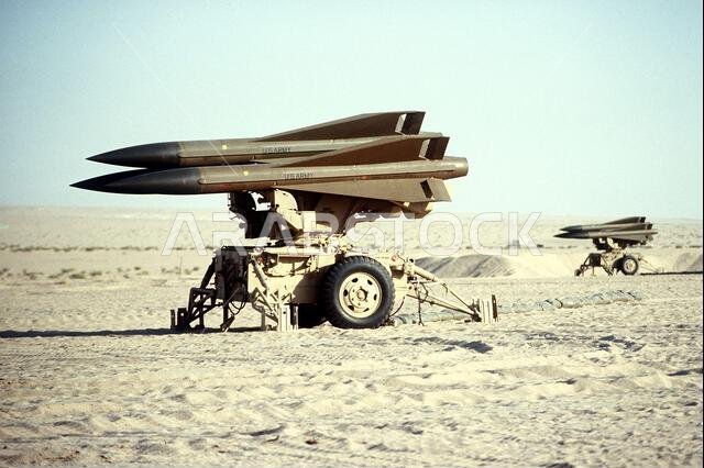 Two U.S. Army MIM-23B Hawk surface-to-air missile systems of Btry. C, 21st Air Defense Arty., 11th Air Defense Artillery Brigade, are deployed in the desert during Operation Desert Shield. Subject Operation/Series: DESERT SHIELD Country: Saudi Arabia(SAU)