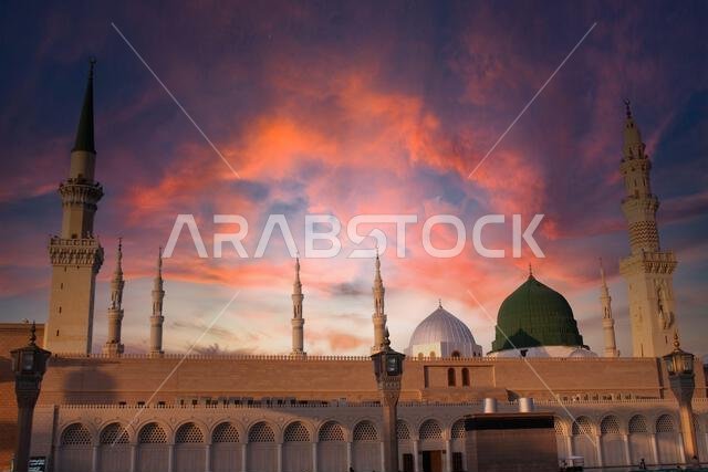 mosque at night. Masjid nabi of Medina. Green dome and moon.