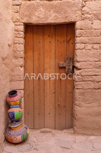 Alula Old Town City, Old town, Alula's 900 years old Town. Wooden door from a house in the restored area of the Town in Saudi Arabia. Medinah Area.