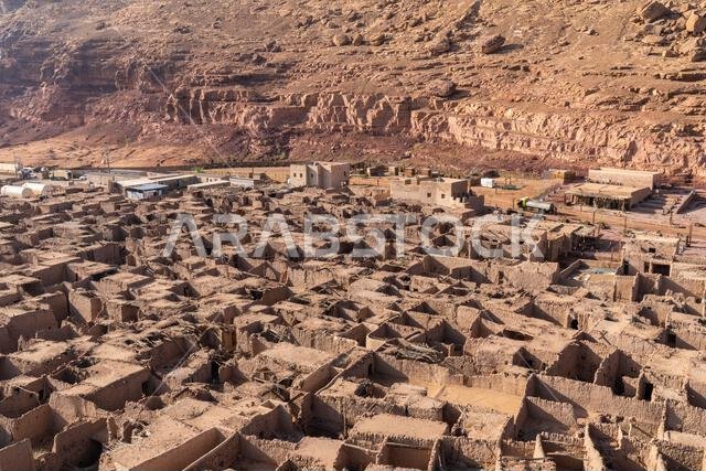 Alula Old Town,  Alula City Overview, Saudi Arabia, Horizontal View. 900 years old Nabatean Town in Saudi Arabia. Medinah Area.