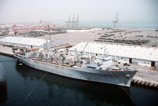 The Military Sealift Command-chartered freighter Del Monte (T-AK-5049) is docked at pierside in preparation for taking on equipment and ordnance for redeployment to the United States in the aftermath of Operation Desert Storm. Subject Operation/Series: DESERT STORM Country: Saudi Arabia (SAU)