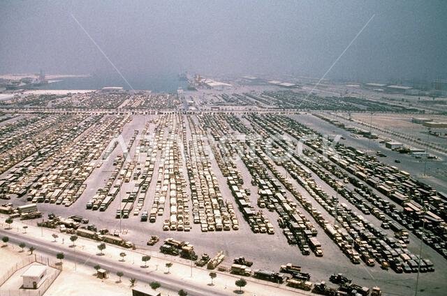 Military equipment lines a holding area in preparation for transport back to the United States in the aftermath of Operations Desert Shield/Desert Storm. Subject Operation/Series: DESERT SHIELD DESERT STORM Country: Saudi Arabia (SAU)
