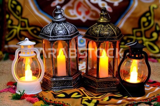 Ramadan Lantern lamp or Fanous Ramadan on a Ramadan background as a festive celebration of the Islamic fasting days in Arabian Islamic countries, reli