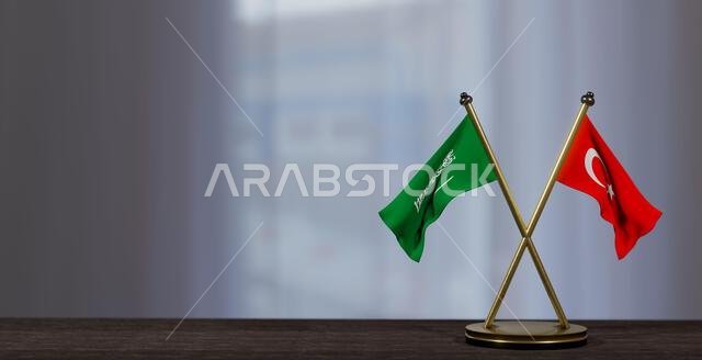 Saudi Arabia and turkey flags on table. Negotiation between Saudi Arabia and turkiye. on little blur background. 3D work and 3D image