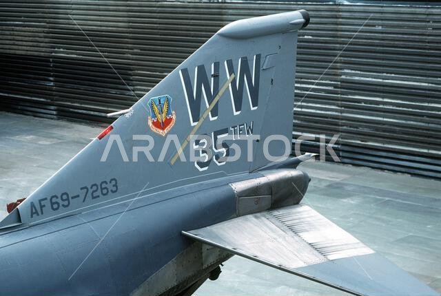 A close-up view of the tail of a 35th Tactical Fighter Wing F-4G Wild Weasel aircraft deployed during Operation Desert Storm.. Subject Operation/Series: DESERT STORM Country: Saudi Arabia(SAU)