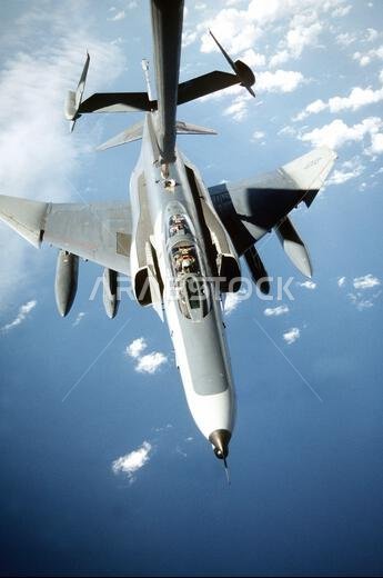 An overhead view of a US Air Force F-4 from the 561st Fighter Wing, Nellis AFB, NV, as the extender from a KC-10 connects for refueling over the Mediterranean Sea and Saudi Arabia.(Exact date unknown). Subject Operation/Series: VIGILANT WARRIOR Base: Moron Country: Spain (ESP) An overhead view of a US Air Force F-4 from the 561st Fighter Wing, Nellis AFB, NV, as the extender from a KC-10 connects for refueling over the Mediterranean Sea and Saudi Arabia.(Exact date unknown). Subject Operation/Series: VIGILANT WARRIOR Base: Moron Country: Spain (ESP)