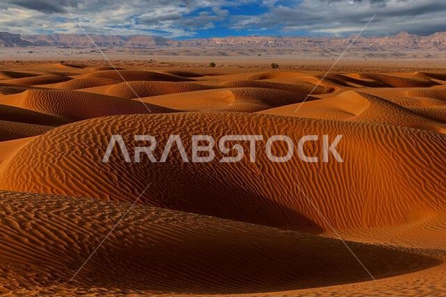 Rippled sand dunes in desert landscape with mountain backdrop, Saudi Arabia