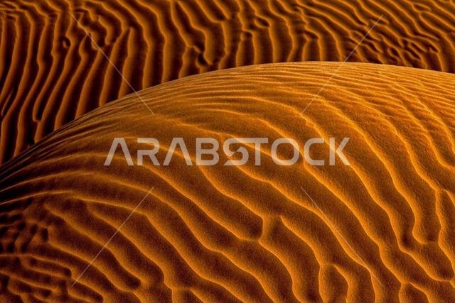 صورة مقرّبة كاملة الإطار لكثبان رملية متموجة في منظر طبيعي صحراوي، المملكة العربية السعودية