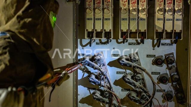 يقوم الجندي باتريك خوانسون، أخصائي أنظمة كهربائية في السرب الهندسي المدني الاستكشافي 378 التابع لسلاح الجو الأمريكي، بأعمال صيانة في مركز توزيع ثانوي بقاعدة الأمير سلطان الجوية في المملكة العربية السعودية، بتاريخ 27 مايو 2022. وتتمثل مهمة ورشة الكهرباء في القاعدة في تركيب وإصلاح وصيانة الشبكة الكهربائية التي تُبقي الطاقة الكهربائية مُستمرة للجناح الجوي الاستكشافي 378. ارتدى خوانسون بدلة واقية من عيار 40 للجهد العالي كإجراء وقائي ثانوي ضد الوميض القوسي الكهربائي؛ وهو خط الدفاع الأول.