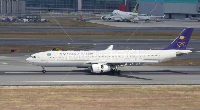 ISTANBUL, TURKIYE - AUGUST 06, 2022: Saudi Arabian Airlines Airbus 330-343E (1770) landing to Istanbul International Airport