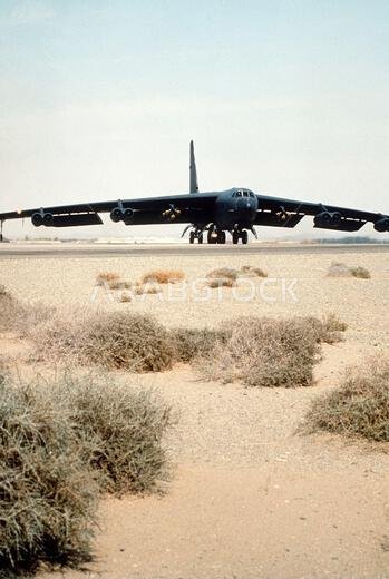 A Strategic Air Command B-52G Stratofortress aircraft prepares to take off on a mission during Operation Desert Storm.. Subject Operation/Series: DESERT STORM Country: Saudi Arabia(SAU)