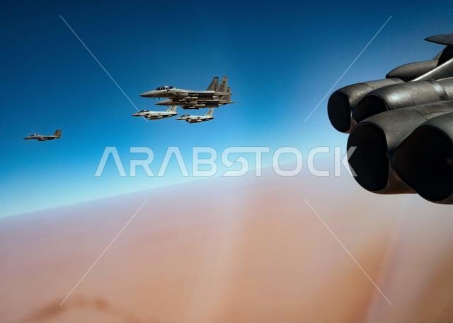 Three F-15 Eagles and two Eurofighter Typhoons with the Royal Saudi Air Force escort a U.S. Air Force 23rd Expeditionary Bomb Squadron B-52H Stratofortress over Saudi Arabia in support of a Bomber Task Force mission, Sep. 4, 2022. The B-52s were escorted by regional partner nations, enhancing regional stability and security through a show of combined strength and capability. AFGSC,Bomber Task Force Europe,USAF,USAFE-AFAFRICA,USCENTCOM,USSTRACOM, Three F-15 Eagles and two Eurofighter Typhoons with the Royal Saudi Air Force escort a U.S. Air Force 23rd Expeditionary Bomb Squadron B-52H Stratofortress over Saudi Arabia in support of a Bomber Task Force mission, Sep. 4, 2022. The B-52s were escorted by regional partner nations, enhancing regional stability and security through a show of combined strength and capability. AFGSC,Bomber Task Force Europe,USAF,USAFE-AFAFRICA,USCENTCOM,USSTRACOM,