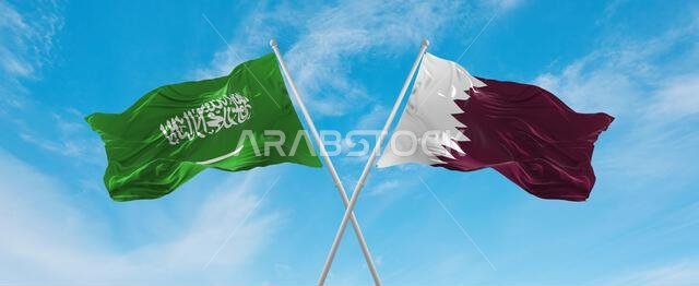 two crossed flags Qatar and Saudi Arabia waving in wind at cloudy sky. Concept of relationship, dialog, travelling between two countries. 3d illustrat