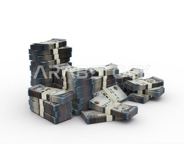 رزمة من أوراق الريال السعودي. عرض ثلاثي الأبعاد لحزم من النقود معزولة على خلفية بيضاء