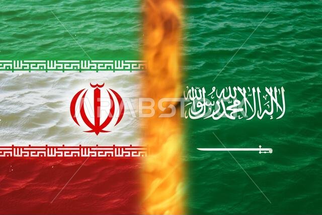 حربٌ مُبهمة بين إيران والسعودية. العلم الوطني لإيران والسعودية. مفهوم الصراع بين السعودية وإيران مع الأعلام.