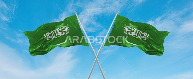 two crossed flags Saudi Arabia and Saudi Arabia waving in wind at cloudy sky. Concept of relationship, dialog, travelling between two countries. 3d il