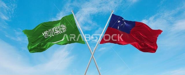 two crossed flags Samoa and Saudi Arabia waving in wind at cloudy sky. Concept of relationship, dialog, travelling between two countries. 3d illustrat