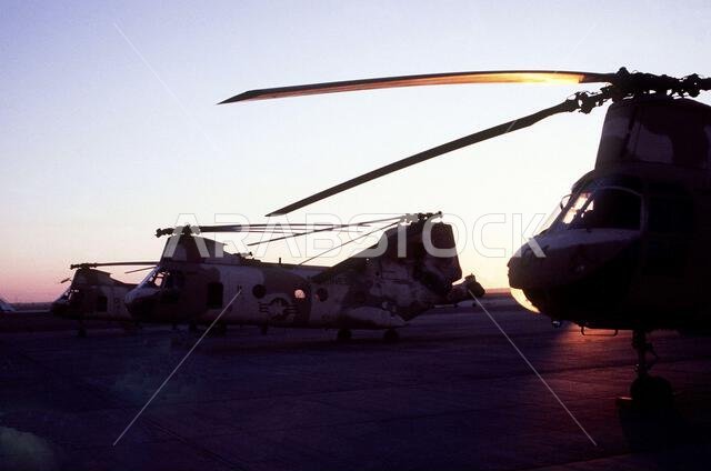 US Marine Corps CH-46s line an expeditionary airfield along with short-term support equipment and supplies. Base: Expeditionary Air Field Country: Saudi Arabia (SAU)