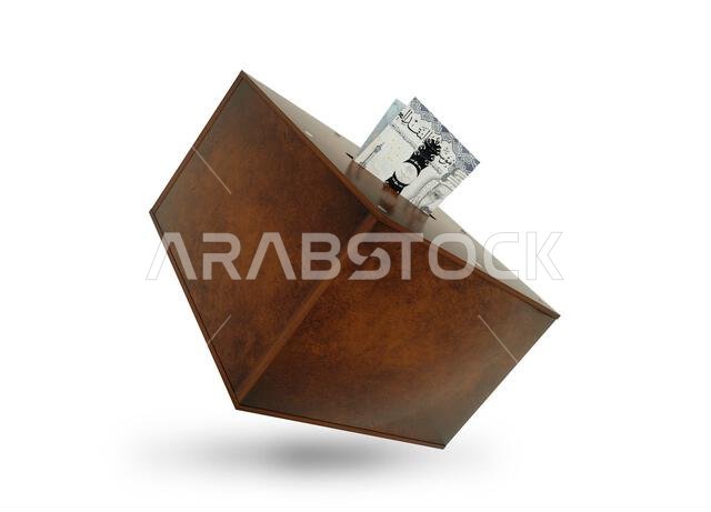 أوراق نقدية من الريال السعودي داخل صندوق توفير خشبي. صندوق توفير عادي، حصالة نقود. تصميم ثلاثي الأبعاد أوراق نقدية من الريال السعودي داخل صندوق توفير خشبي. صندوق توفير عادي، حصالة نقود. تصميم ثلاثي الأبعاد