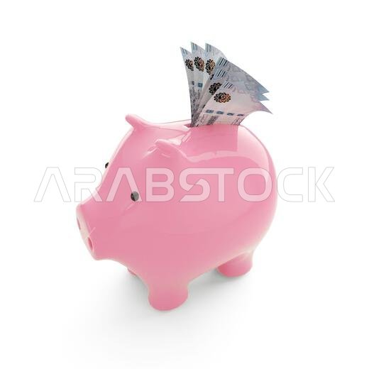 Saudi Riyal notes inside pink Piggy Bank, money in piggy bank, savings concept, 3d rendering