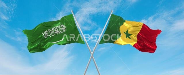 two crossed flags Senegal and Saudi Arabia waving in wind at cloudy sky. Concept of relationship, dialog, travelling between two countries. 3d illustr