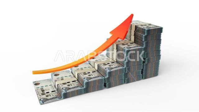 Financial growth sign made of stacks of Saudi Arabian riyal notes. 3D Rendering of money arranged in the form of a bar graph isolated on white backgro