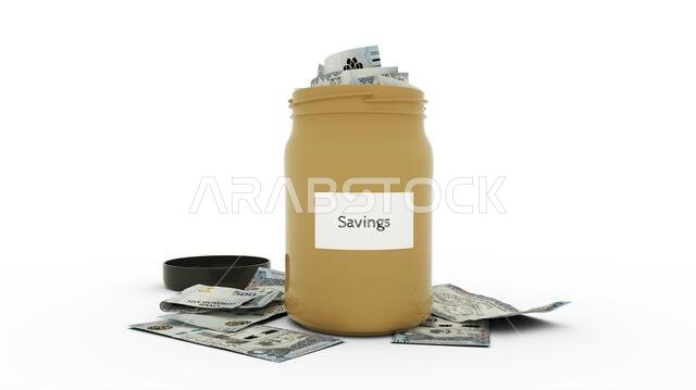3D rendering of Saudi Riyal notes in savings container. container filled to the top with Saudi currency notes 3D rendering of Saudi Riyal notes in savings container. container filled to the top with Saudi currency notes