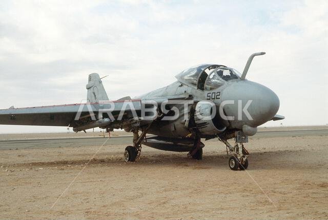 An A-6E Intruder attack aircraft from Attack Squadron 35 (VA-35), deployed from the aircraft carrier USS SARATOGA (CV-60), shows battle damage from a mission at the start of Operation Desert Storm.. Subject Operation/Series: DESERT STORM Country: Saudi Arabia(SAU) An A-6E Intruder attack aircraft from Attack Squadron 35 (VA-35), deployed from the aircraft carrier USS SARATOGA (CV-60), shows battle damage from a mission at the start of Operation Desert Storm.. Subject Operation/Series: DESERT STORM Country: Saudi Arabia(SAU)