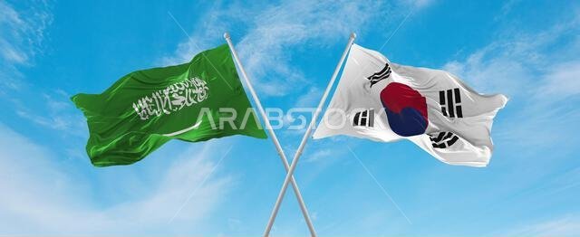 two crossed flags south korea  and Saudi Arabia waving in wind at cloudy sky. Concept of relationship, dialog, travelling between two countries. 3d il