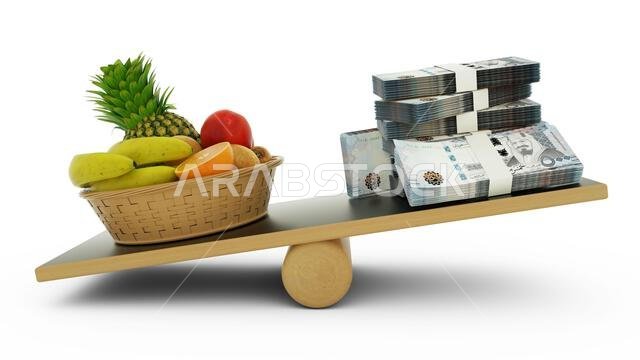 Inflation in Saudi Arabia, Weighing Saudi currency against foodstuffs, high cost of living, 3d rendering