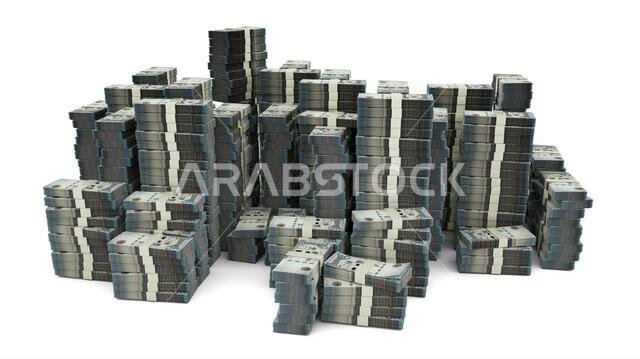 رزمة كبيرة من أوراق الريال السعودي. مبلغ كبير من المال معزول على خلفية بيضاء. عرض ثلاثي الأبعاد لحزم من النقود
