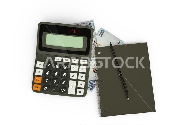 3D rendering of a composition of Saudi Riyal notes, a calculator, a note book and a pen isolated on white background. Tax background design concept