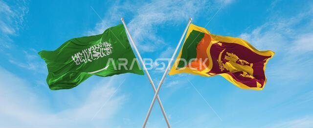 two crossed flags Sri Lanka  and Saudi Arabia waving in wind at cloudy sky. Concept of relationship, dialog, travelling between two countries. 3d illu