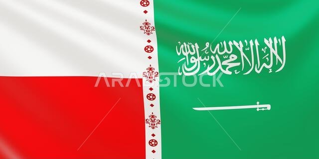Flag of the national football teams Poland vs Saudi Arabia at football. 3d render. Flag of the national football teams Poland vs Saudi Arabia at football. 3d render.