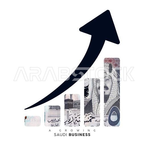 Growing business icon. clip masking of Saudi riyal note to in the shape of a business growth graph. Illustration Growing business icon. clip masking of Saudi riyal note to in the shape of a business growth graph. Illustration