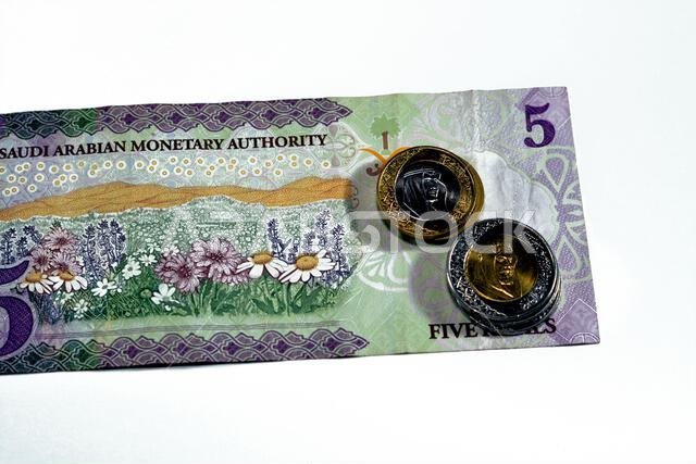 يُظهر الوجه الخلفي للورقة النقدية من فئة 5 ريالات سعودية، سلسلة 1438 هـ، حقلاً من الزهور، مع عملات معدنية من فئتي 1 و2 ريال.