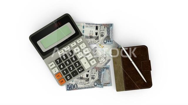 تصميم ثلاثي الأبعاد لمجموعة منفصلة من أوراق نقدية من الريال السعودي، وآلة حاسبة، ودفتر ملاحظات، وقلم.