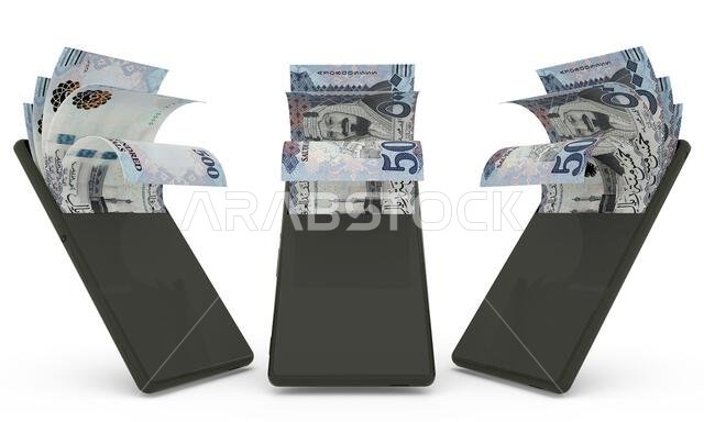 أوراق نقدية من الريال السعودي داخل هاتف محمول. أموال تخرج من هاتف محمول. عرض ثلاثي الأبعاد لمجموعة من مفاهيم معاملات الأموال عبر الهاتف المحمول. أموال من الهاتف
