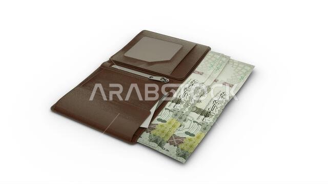 3D rendering of Saudi Arabian Riyal notes in wallet 3D rendering of Saudi Arabian Riyal notes in wallet